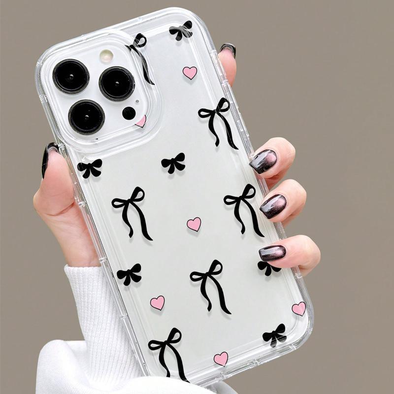 Bow & Heart Pattern Clear Phone Case, Anti-drop Cellphone Protective Case, Total Protective Shockproof Mobile Phone Cover for iPhone 11 12 13 14 15 16 Pro Max