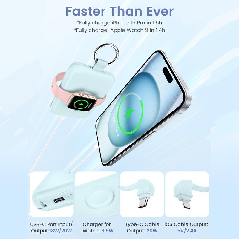 2024 New 10000mAh PD 20W Fast Charging Portable Mobile Power with Built-in Cable, Travel Mobile Power [with Keychain] for iPhone 15 14 13 12 11 and Apple Watch Ultra 9 8 7 6 5 4 3 2 Smartphone