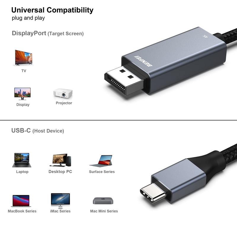 BENFEI 8K USB-C to DisplayPort 6 Feet Cable USB Type-C to DP Thunderbolt 3 4 Compatible Accessories Plug