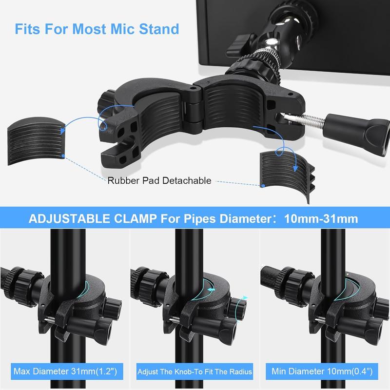 Tablet Holder for Mic Stand, Adjustable Microphone Music Stand Mount for iPad and Mobile Phones, Rotatabe Tablet Stand Compatible with All 4.7 to 13.5 inch Tablets and Smartphones