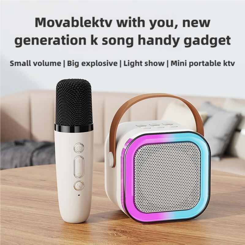 Portable Mini Karaoke Speaker with 2 Microphones, Rechargeable Wireless Outdoor Speaker with RGB Light, 3D Surround Sound Home Singing Karaoke Wireless Outdoor Audio Speaker for Smartphone, PC & More