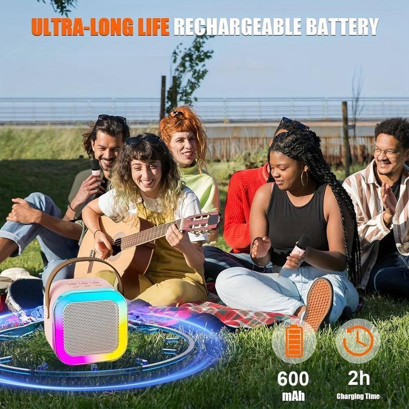 Portable Mini Karaoke Speaker with 2 Microphones, Rechargeable Wireless Outdoor Speaker with RGB Light, 3D Surround Sound Home Singing Karaoke Wireless Outdoor Audio Speaker for Smartphone, PC & More