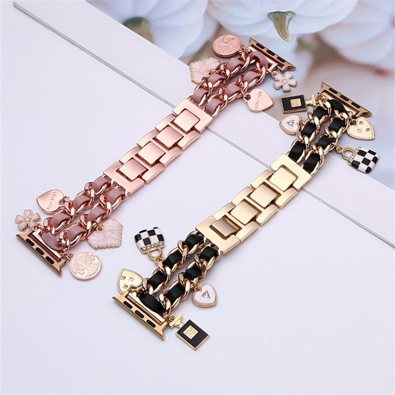 Elegant Handwoven Detachable Charm Watch Band for Apple Watch Ultra SE 1-9 with Adjustable Synthetic-Leather Strap and Deployant Clasp - Women's Durable iWatch Bracelet Accessory