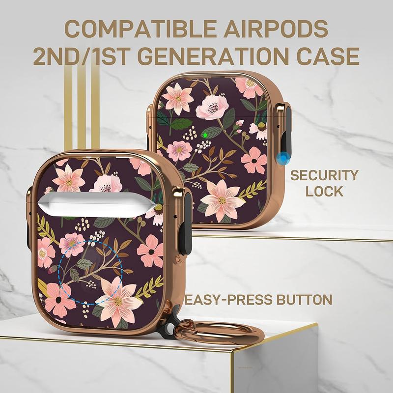 for AirPods Case Cover with Lock, Floral AirPod 2 Case Hard Protective iPod Cover for Women Men with Keychain Lock Clip Compatible AirPod 2nd 1st Gen  Case 2&1, Flower