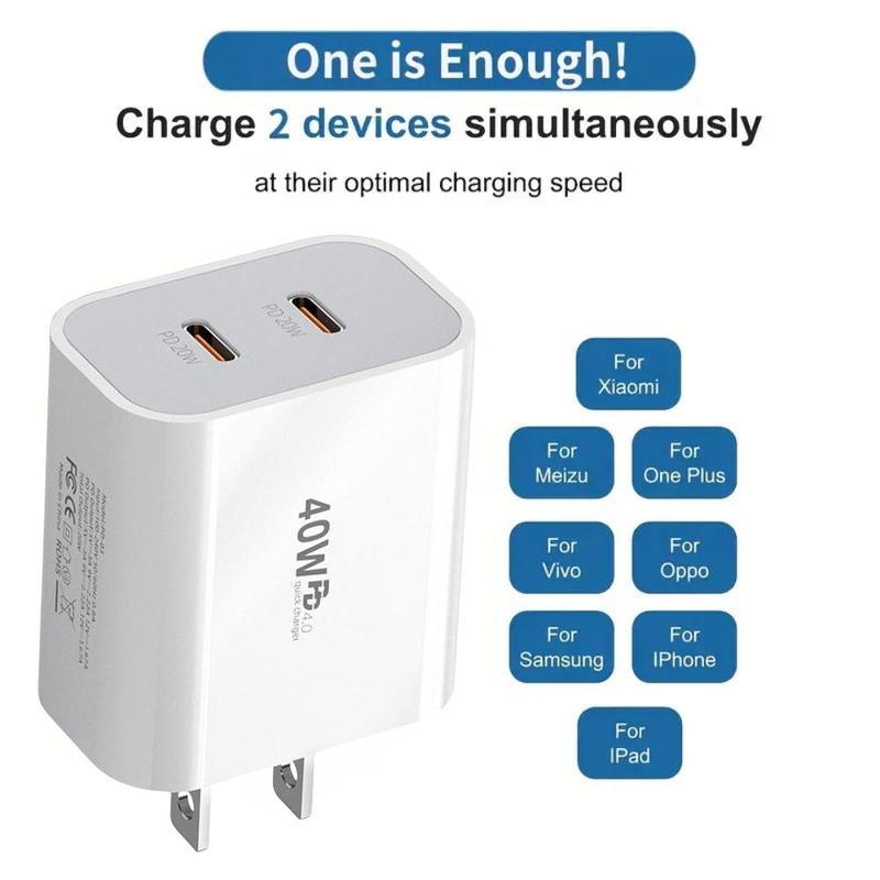 20W Dual PD Port Fast Charging Charger, Type C Fast Charging Block, Double USB C Wall Charger Adapter with 1 USB C to USB C Cable & 1 USB C for Lightning Cord