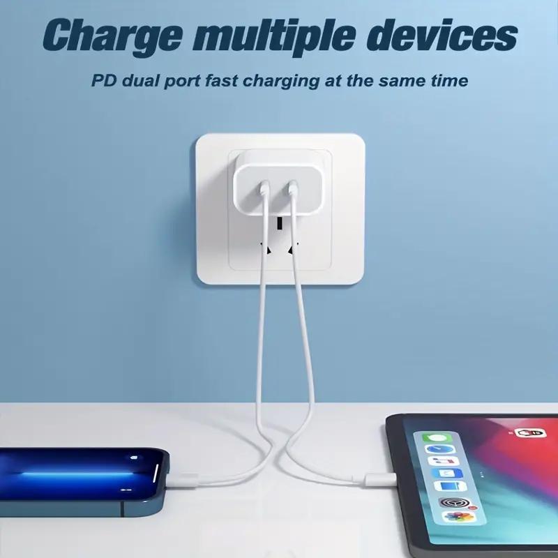 20W Dual PD Port Fast Charging Charger, Type C Fast Charging Block, Double USB C Wall Charger Adapter with 1 USB C to USB C Cable & 1 USB C for Lightning Cord