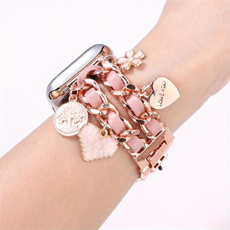 Elegant Handwoven Detachable Charm Watch Band for Apple Watch Ultra SE 1-9 with Adjustable Synthetic-Leather Strap and Deployant Clasp - Women's Durable iWatch Bracelet Accessory