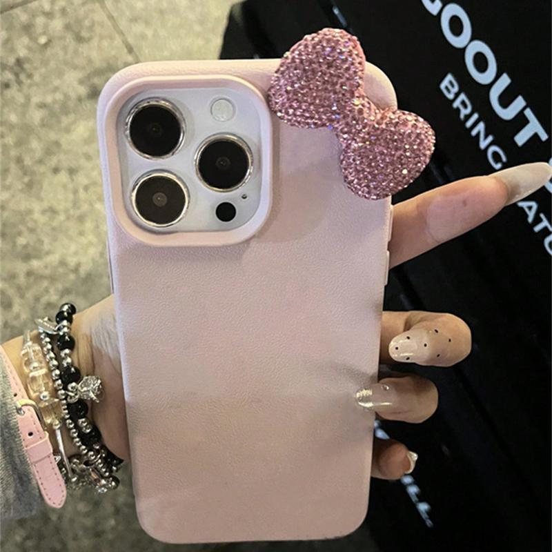 Luxury Rhinestone Bow Litchi Pattern Phone Case Compatible With  16 15 14 13 12 11 Pro Max X XR Cute Bowknot Shockproof Cases