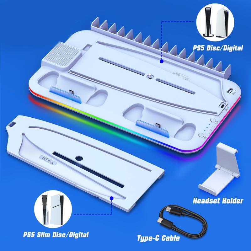 Wiilkac PS5 Charging Station and Cooling Stand with Controller Charger for PS5 Slim Console Disc Digital, PS5 Accessories, 3 Levels Cooling Fan, RGB Light, 15 Game Storage, Headset Holder for Playsation 5