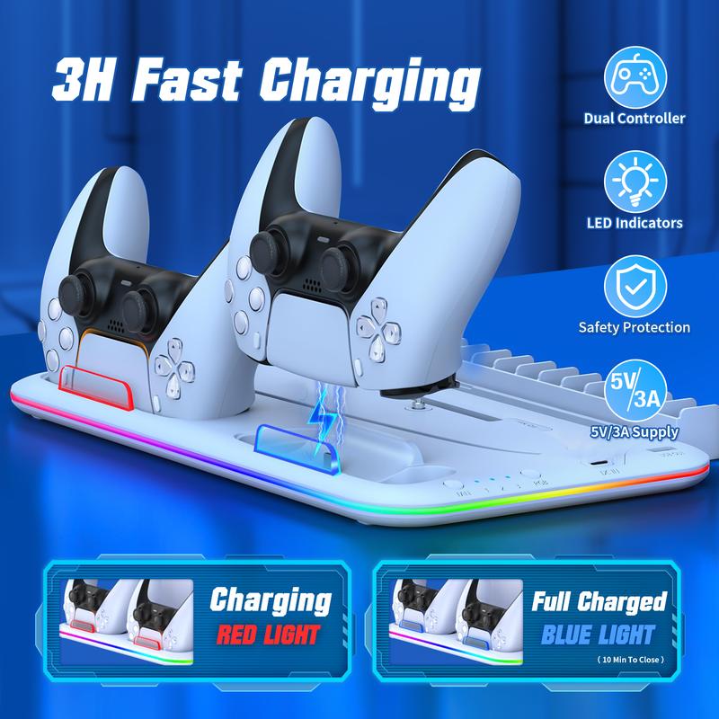 Wiilkac PS5 Charging Station and Cooling Stand with Controller Charger for PS5 Slim Console Disc Digital, PS5 Accessories, 3 Levels Cooling Fan, RGB Light, 15 Game Storage, Headset Holder for Playsation 5