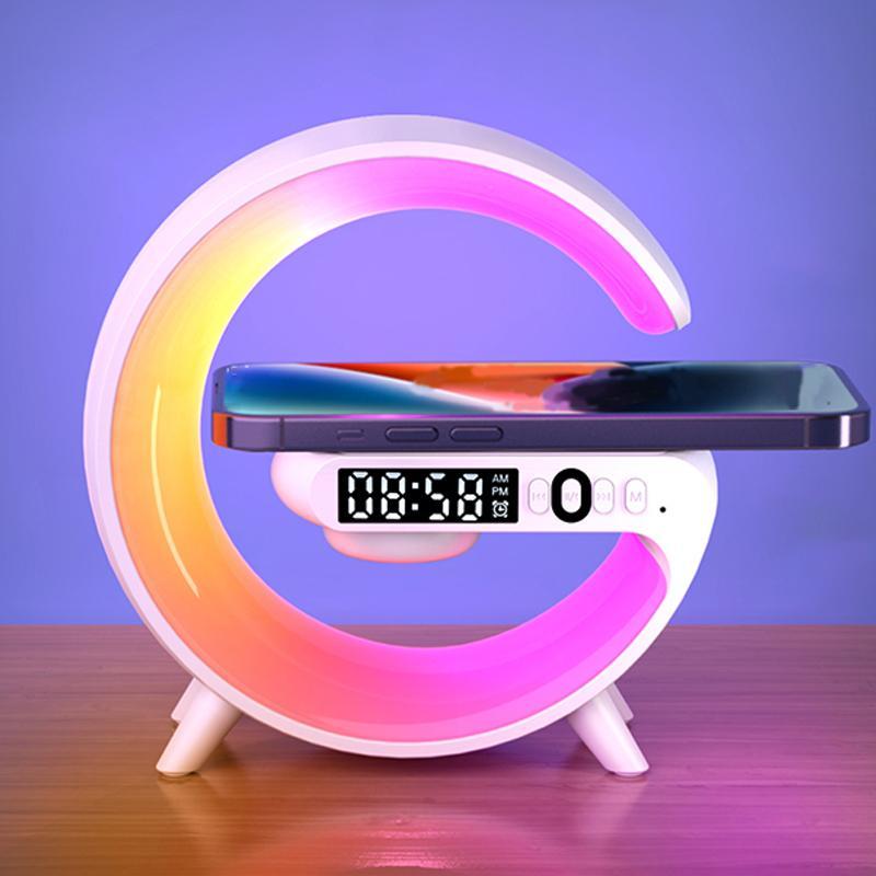 Wireless Speaker with RGB Night Light & Alarm Clock, Multifunctional Wireless Speaker, Sound System, 5W Wireless Charger Station for iPhone Samsung Xiaomi Huawei, Bluetooth-compatible Speaker