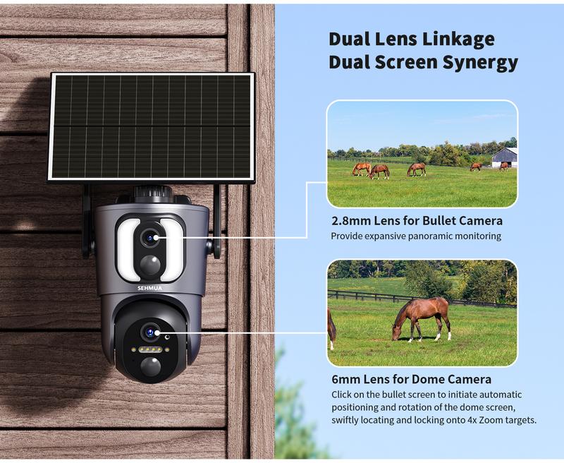 Black Dual Lens Linkage Solar Powered 4G LTE Cellular Security Camera, Not Support WIFI, 2K 360° View,Color Night Vision,Two-Way Audio,Card Connection