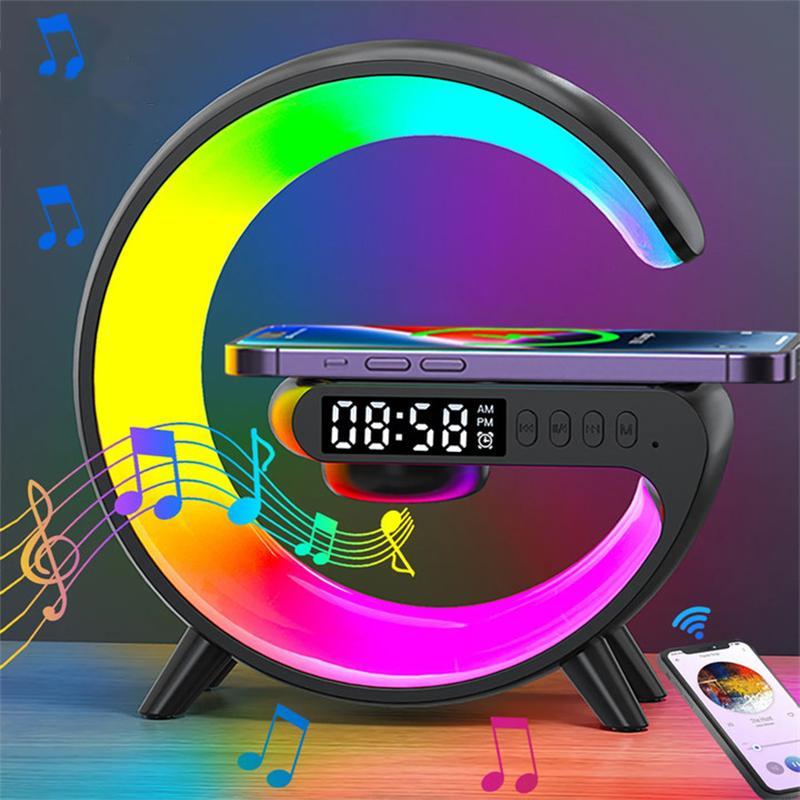 Wireless Speaker with RGB Night Light & Alarm Clock, Multifunctional Wireless Speaker, Sound System, 5W Wireless Charger Station for iPhone Samsung Xiaomi Huawei, Bluetooth-compatible Speaker