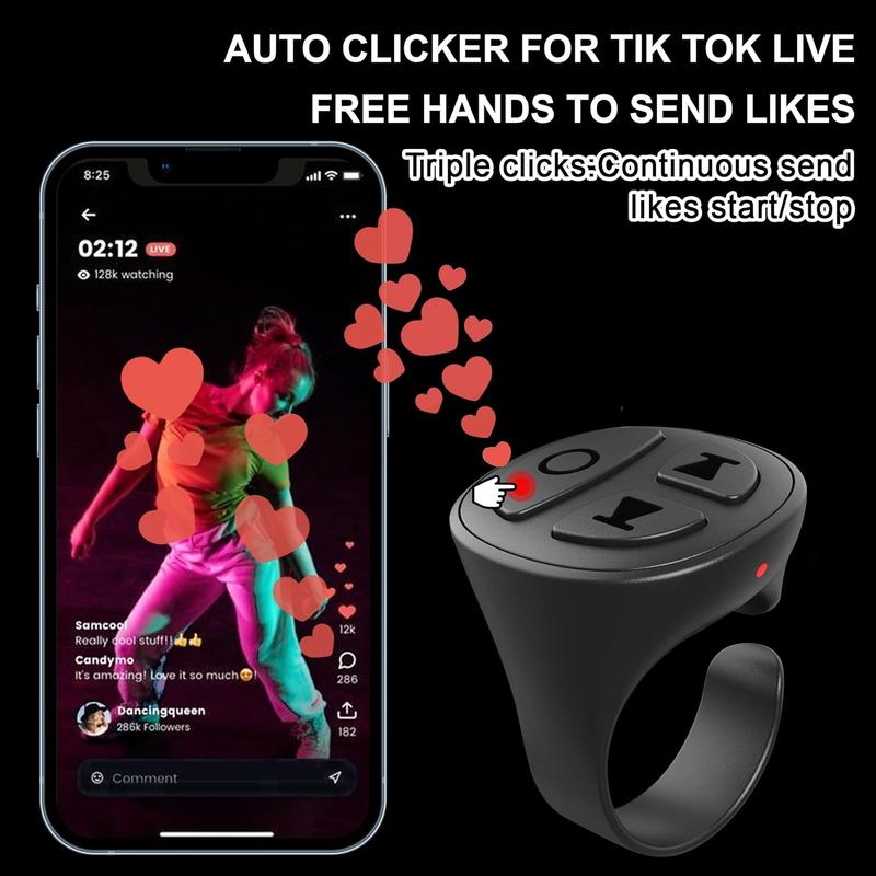 TikTok Scrolling Ring, Auto Clicker for Lives, Wireless Remote Control Selfie Button for iPhone & Android Camera,