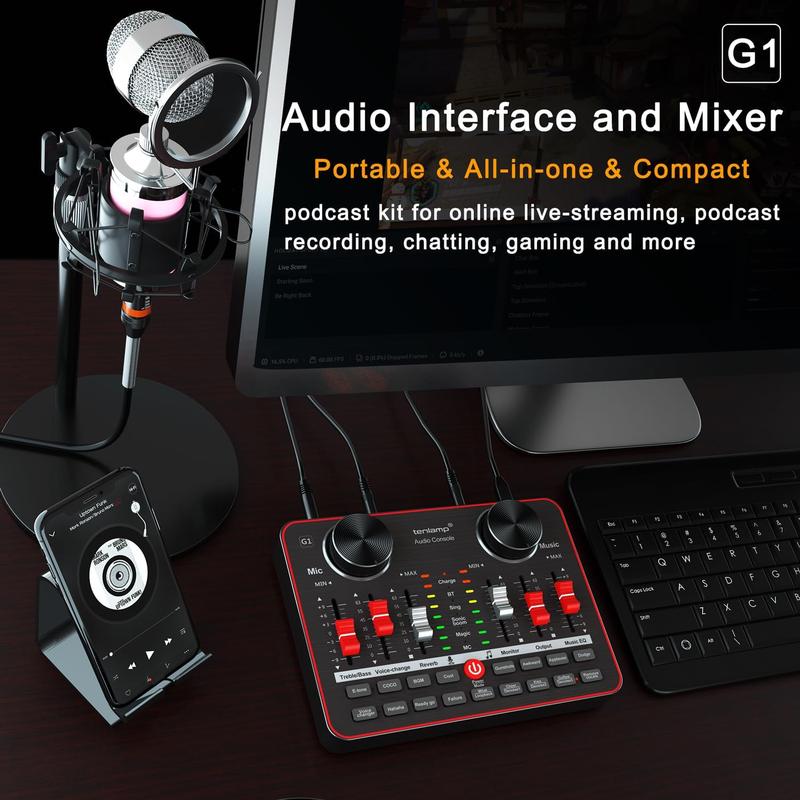 Audio Mixer with interface, tenlamp 3.5mm Studio Microphone and G1 Live Sound Card, All in one Podcast Equipment Bundle for Recording Singing Gaming Live Streaming