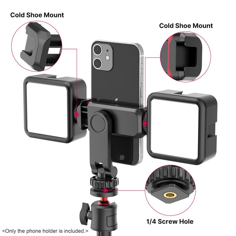 Multi-functional Phone Holder Clamp Phone Tripod Mount 360° Rotatable with Dual Cold Shoe Mounts for Smartphone Vlog Selfie Live Streaming Video Recording