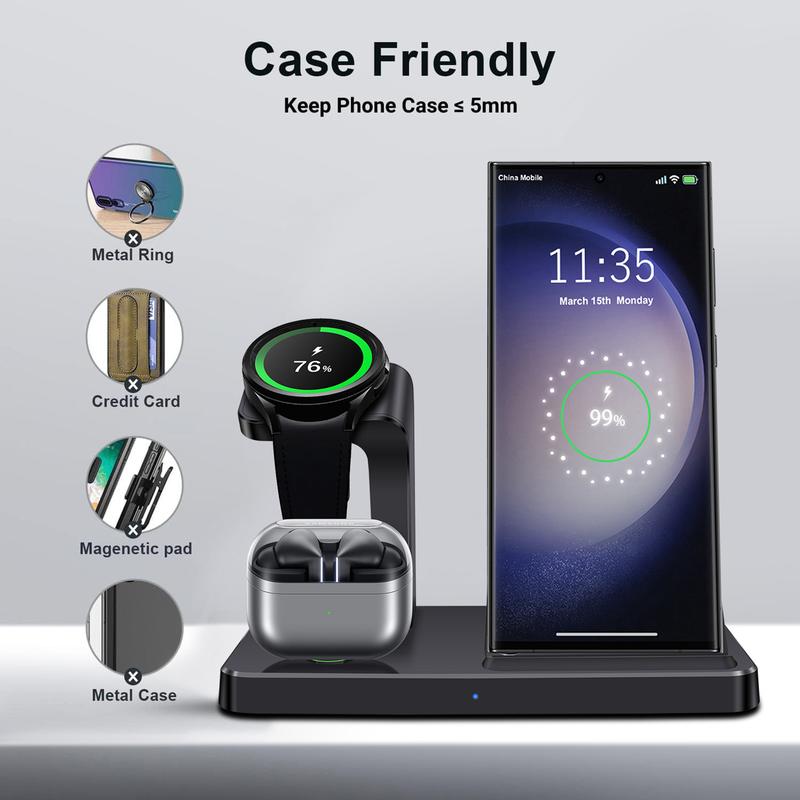 Wireless Charging Station for Samsung Devices, 3 in 1 Fast Charging Stand for Galaxy S24 S23 S22 S21 S20,Note 20 10& Galaxy Buds, Wireless Charger for Galaxy Watch 7 6 5 Pro 5 4 3 Active 2 1