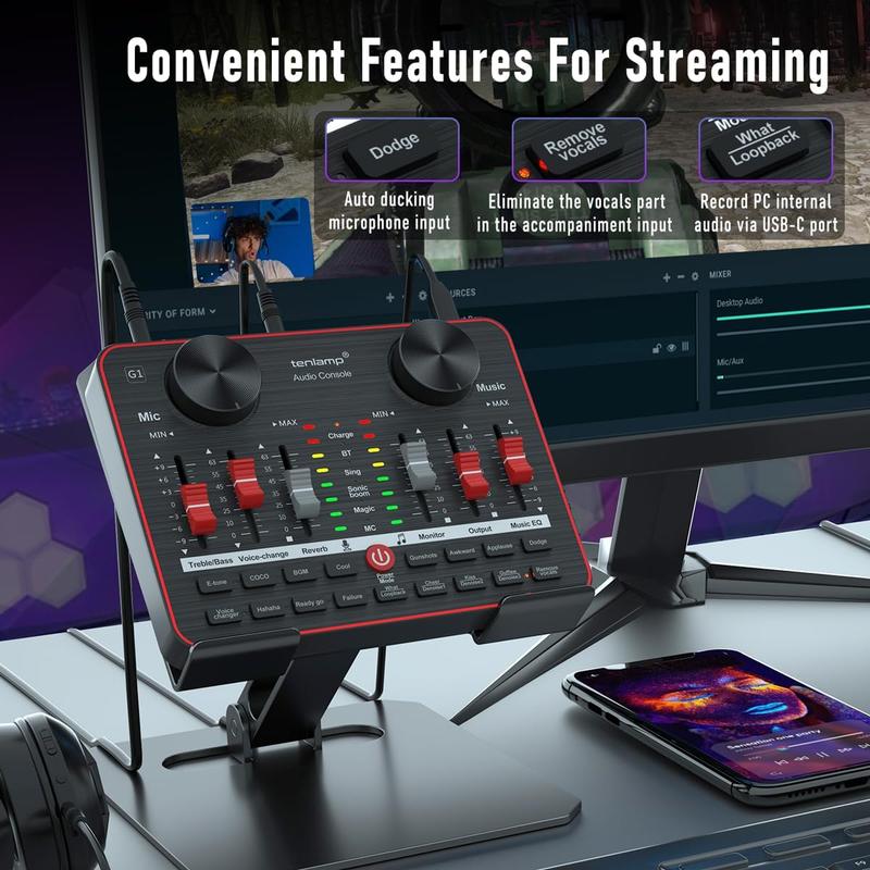 Audio Mixer with interface, tenlamp 3.5mm Studio Microphone and G1 Live Sound Card, All in one Podcast Equipment Bundle for Recording Singing Gaming Live Streaming