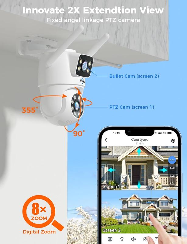 3MP 2K Hiseeu Wireless Security Camera 5G&2.4G Dual Lens WiFi PTZ Camera Outdoor,Power Cord,IP65 Waterproof Motion Tracking,Color Night Version, No-Monthly Fees surveillance camera