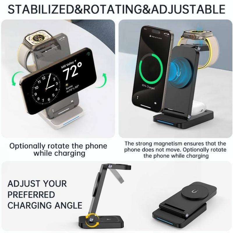 3 in 1 Magnetic Wireless Charger, Foldable Magnetic Wireless Charger Stand, Fast Charging Station Compatible with iPhone 16 15 14 13 12 Series