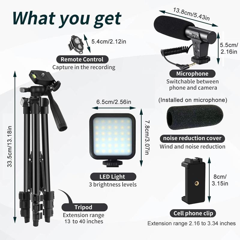 Portable Vlog Video Shooting Tools Kit, 1 Set Phone & Camera Tripod Photography Set, Video Recording Toolkit with LED Light, Microphone, Phone Clip, Camera Stabilizer, Smartphone Accessories