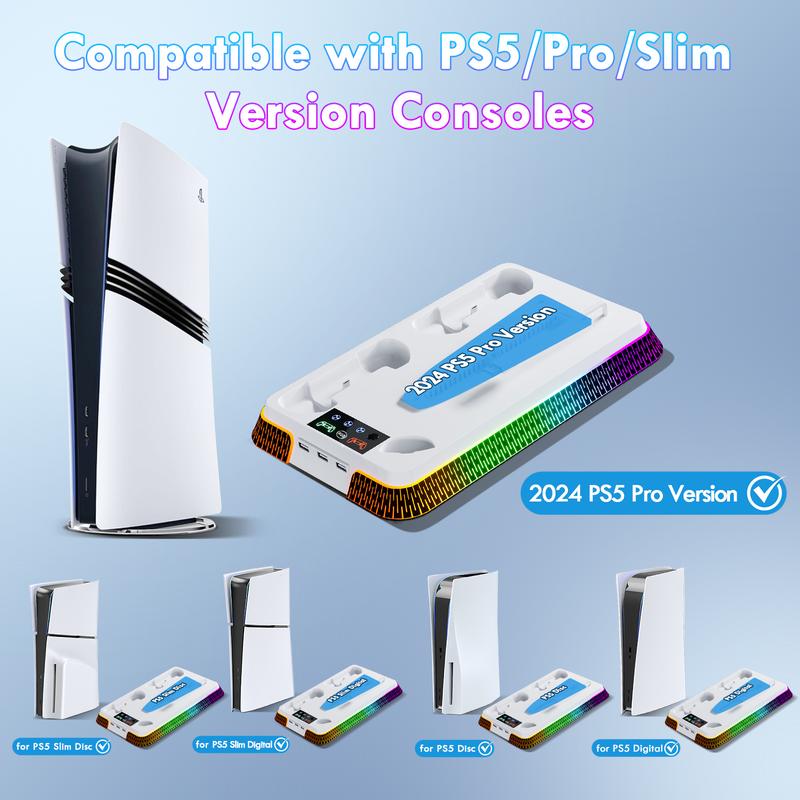 RGB PS5 Cooling Station for PS5 PS5 Slim PS5 Pro Disc Digital Console, Cooling Stand with 3 Levels Turbo Fan&10 RGB Lighting Modes&Controller Chargers&3 USB Hubs