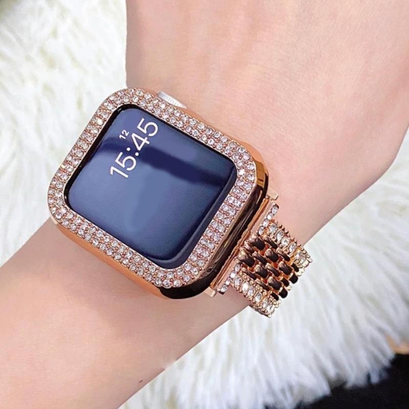 Ladies Bling Watch Band 7 Case Compatible with Apple 38 40 41mm 42 44 45mm, 1 Count Shiny Case & 1 Count Sparkling Luxury Band, Cute & Charming Band for iWatch SE Series 9 8 7 6 5 4 3 2 1SE