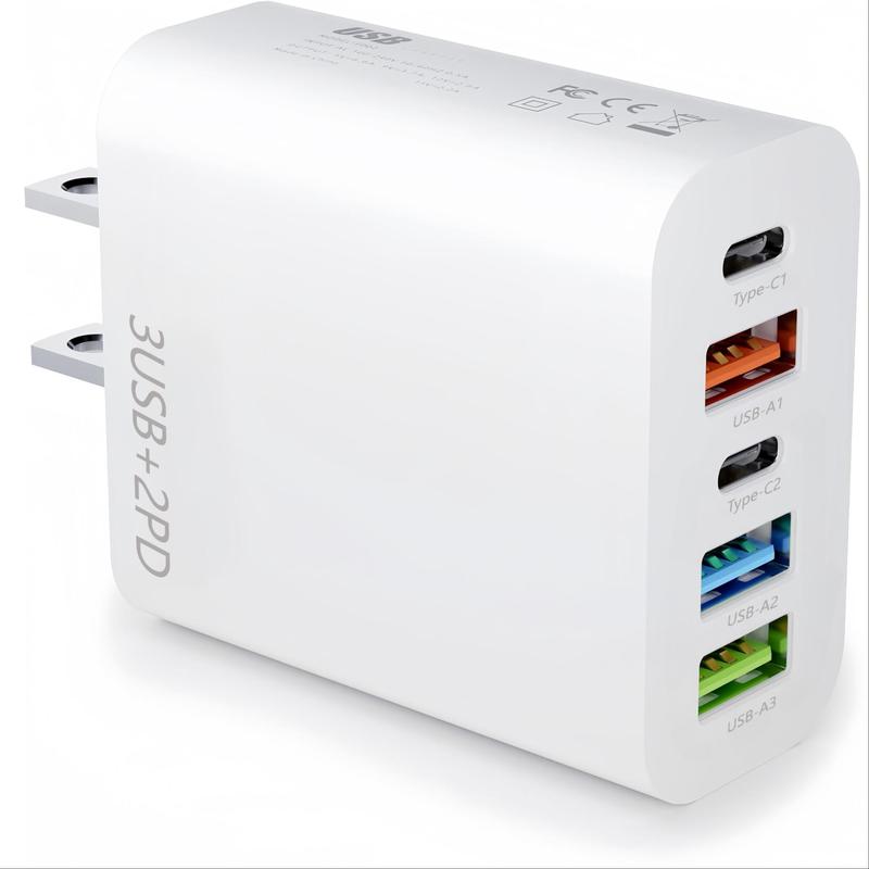 5 Port USB Wall Charger Adapter, 1 Count 2PD & 3USB Portable Charger for iPhone Android Cellphone, Multi-port Fast Charging Phone Charger for Mobile Devices, Electronic Phone Accessories