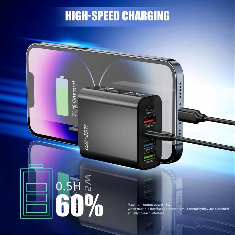 5 Port USB Wall Charger Adapter, 1 Count 2PD & 3USB Portable Charger for iPhone Android Cellphone, Multi-port Fast Charging Phone Charger for Mobile Devices, Electronic Phone Accessories