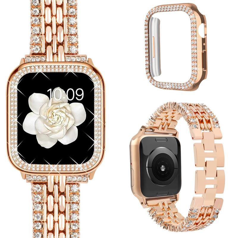 Ladies Bling Watch Band 7 Case Compatible with Apple 38 40 41mm 42 44 45mm, 1 Count Shiny Case & 1 Count Sparkling Luxury Band, Cute & Charming Band for iWatch SE Series 9 8 7 6 5 4 3 2 1SE