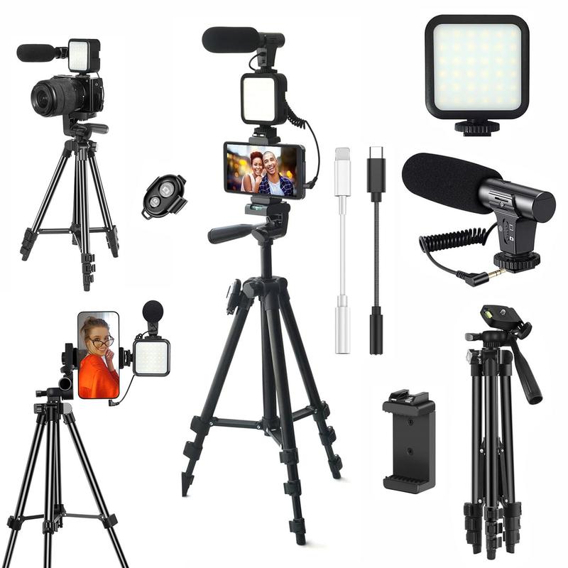 Portable Vlog Video Shooting Tools Kit, 1 Set Phone & Camera Tripod Photography Set, Video Recording Toolkit with LED Light, Microphone, Phone Clip, Camera Stabilizer, Smartphone Accessories