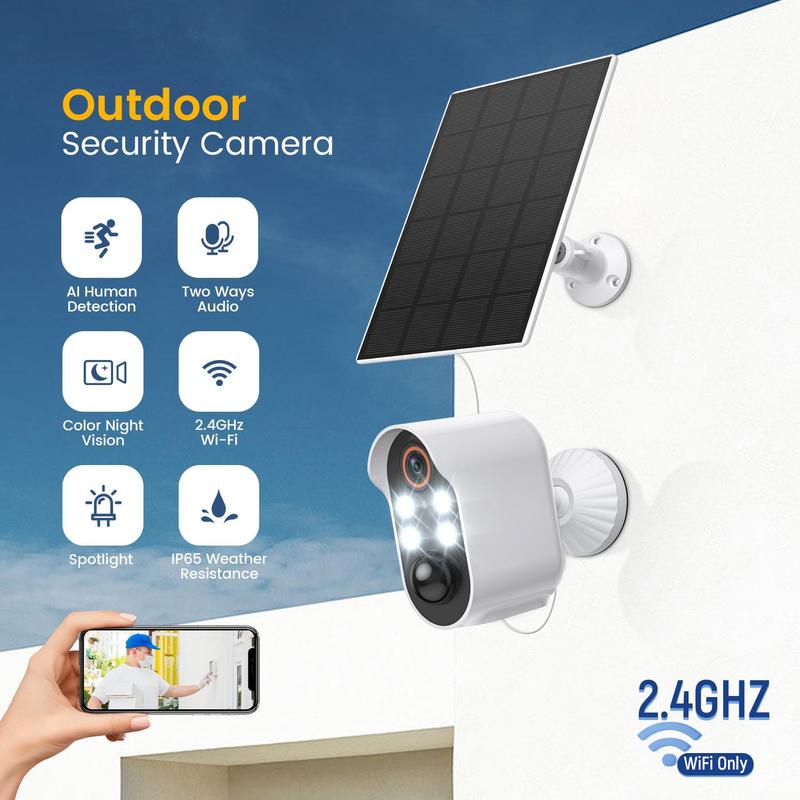 2.4GHz WiFi Wireless Security Camera, 1080P Outdoor Wireless Security Cameras with Solar Panel, Solar Outdoor CCTV Cameras for Home Security with Night View & Two-Way Talk, Solar CCTV, Outdoor Camera, Waterproof Camera