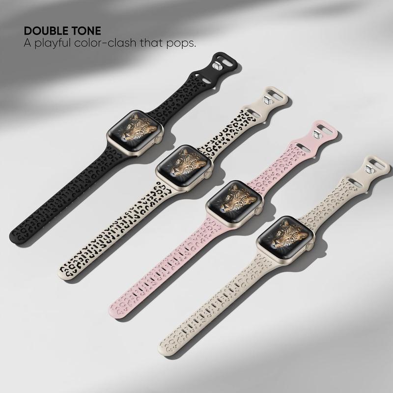 Trendy-4 Pack Slim Leopard Engraved Bands Compatible for Apple Watch Bands 41mm 40mm 38mm 45mm 44mm 42mm 49mm Women, Thin Soft Silicone Cheetah Sport Strap for iWatch Bands Series 9 8 7 6 5 4 3 2 1 Ultra SE Wearable Accessories Waterproof