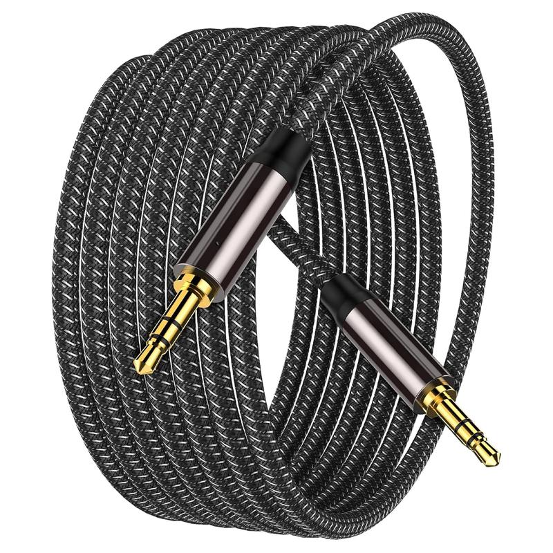 Aux Cable (15 ft), [Copper Shell, Hi-Fi Sound] 3.5 mm Male to Male Braided Auxiliary Cord Compatible with Headphone, Smartphone, Home Car Stereo, Speaker, Echo & More