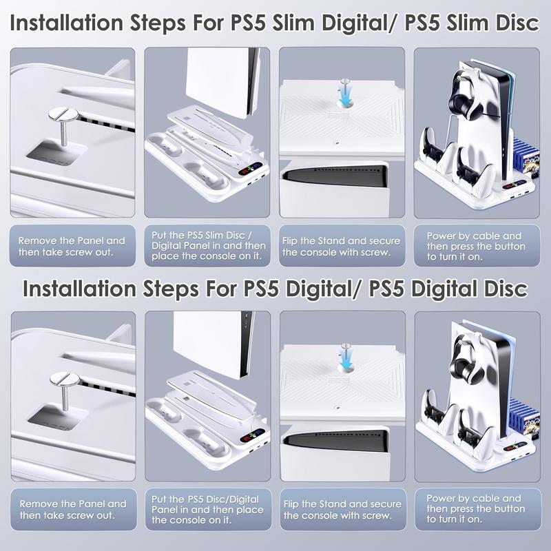 Ukor PS5 Cooling Station for PS5 PS5 Slim Disc Digital Console, PS5 Cooling Stand PS5 Slim Cooling Station with PS5 Controller Charger, 3 Level Fans, 12 Game Slots, RGB Lights