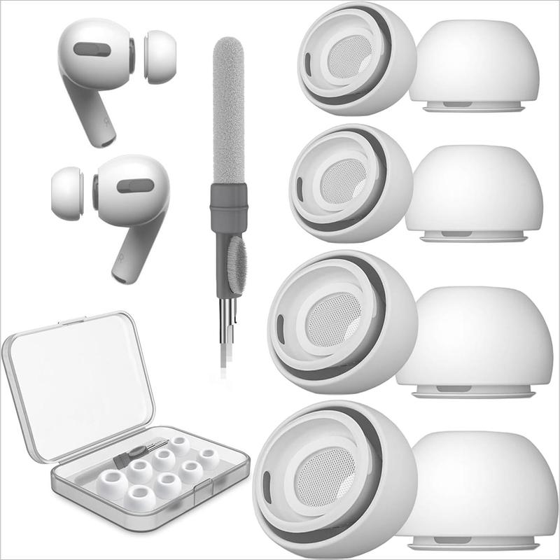 [4 Pairs]Anti Slip Ear Tip Replacement with Noise Reduction Hole for Airpod Pro and 2nd Generation, Comfortable Silicone Earplugs with Storage Case, Cleaning Kit, 4 Sizes (XS S M L) - White