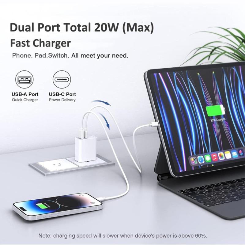 20W Dual-Port PD Fast Charger, Universal 2 In 1 Mobile Phone Charger with USB-C & USB-A Compatible with iPhone, Samsung, Android, Tablet, Mobile Phone