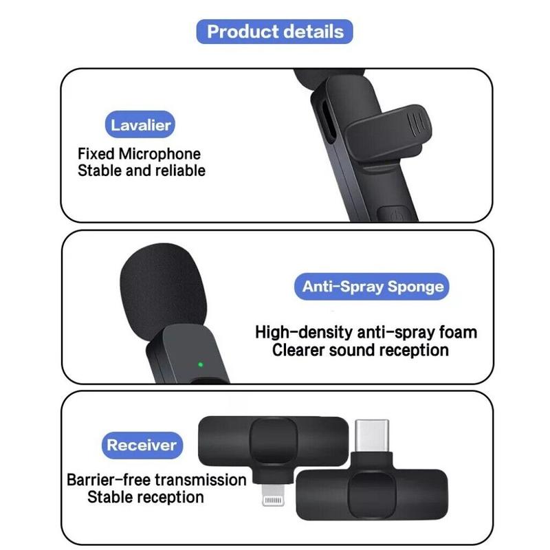 Lavalier Microphone Wireless Audio Video Recording Mini Mic for Android iPhone  Stereo Portable