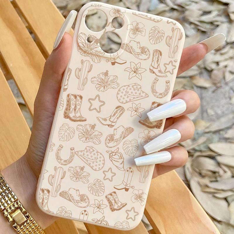 Vintage Cactus & Boot & Hat Pattern Phone Case, Decorative Phone Protector Cover, Phone Accessories Compatible with iPhone 11 12 13 14 15 Pro Max