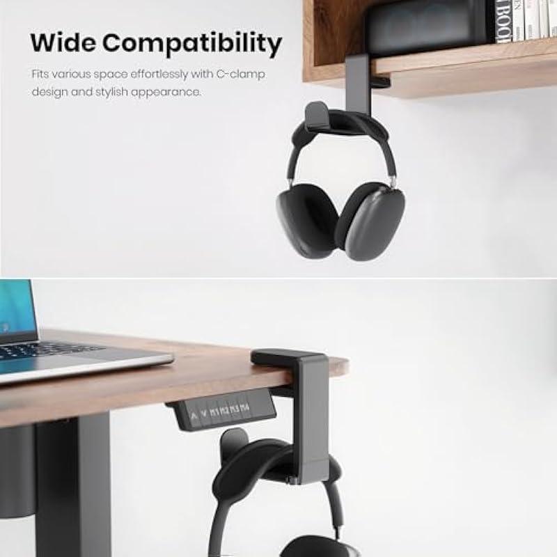 Over-ear Design Headset Hook Holder, Headphones Stand with Adjustable & 360° Rotating Arm Clamp, Universal Headphones Holder Clamp for Home Office