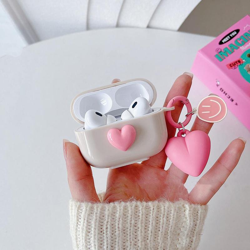 Cute 3D Heart Shaped Silicone Earphone Case with Keychain, 1 Count Creative Design Earphone Case for AirPods 1 2 Pro 3, Earphone Accessories for Women