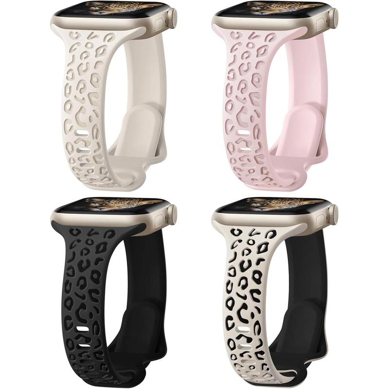 Trendy-4 Pack Slim Leopard Engraved Bands Compatible for Apple Watch Bands 41mm 40mm 38mm 45mm 44mm 42mm 49mm Women, Thin Soft Silicone Cheetah Sport Strap for iWatch Bands Series 9 8 7 6 5 4 3 2 1 Ultra SE Wearable Accessories Waterproof