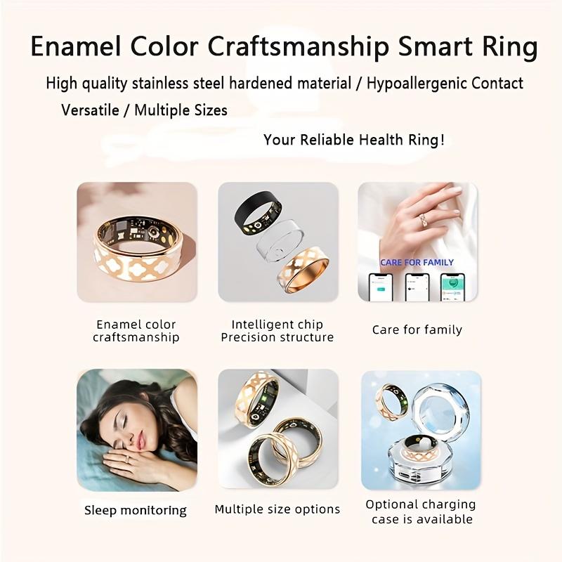 Rose Gold Enamel Designer Smart Ring for Women, IP86 Waterproof, Sleep Fitness Tracking Workout Smart Ring, 7-10 Days Standby Battery Life, Steps, Distance, Calories, Sports Tracking Device, with Crystal Charging Case, Gifts for Women,Size7-13