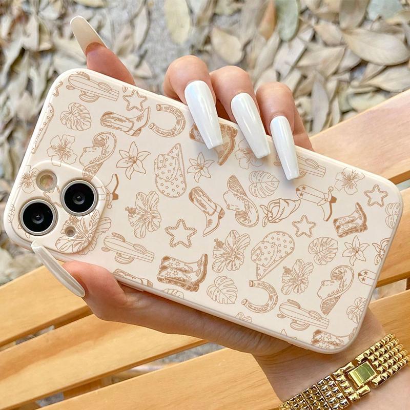 Vintage Cactus & Boot & Hat Pattern Phone Case, Decorative Phone Protector Cover, Phone Accessories Compatible with iPhone 11 12 13 14 15 Pro Max