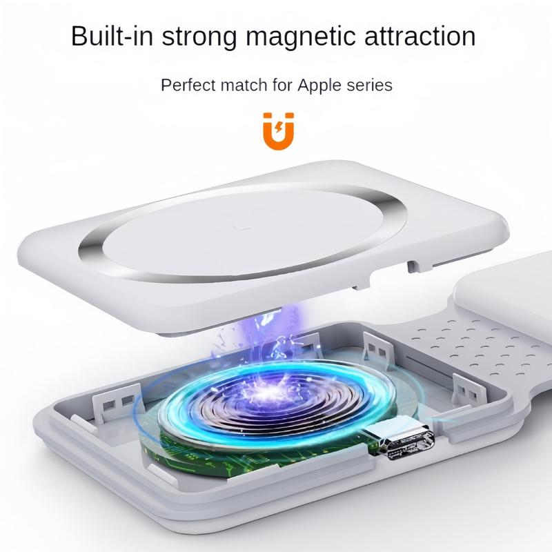 2 In 1 Foldable Wireless Charger, Foldable Wireless Charging Stand, Portable Mobile Phone Charging Station with Magnetic Function Compatible with iPhone Airpods iWatch, Durable Smartphone Charger