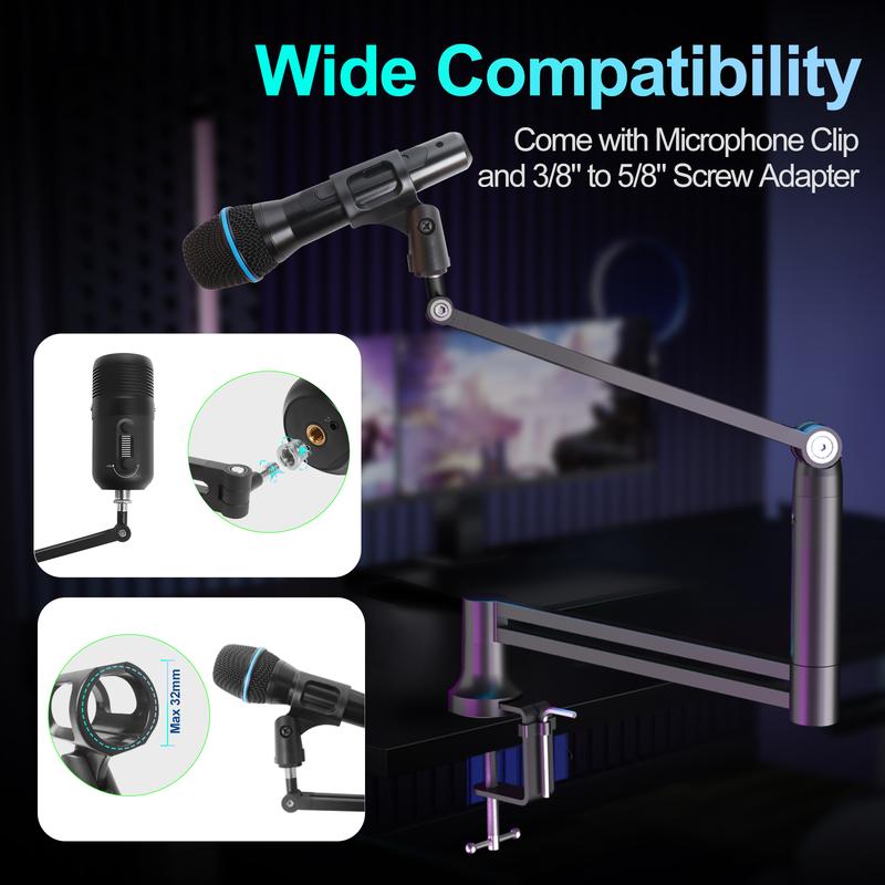 Boom Arm, 360° Rotatable Profile Microphone Stand, 4-Use Foldable Mic Arm ,with 3 8'' to 5 8'' Screw Adapter for Blue Yeti Wireless Lavalier Radio