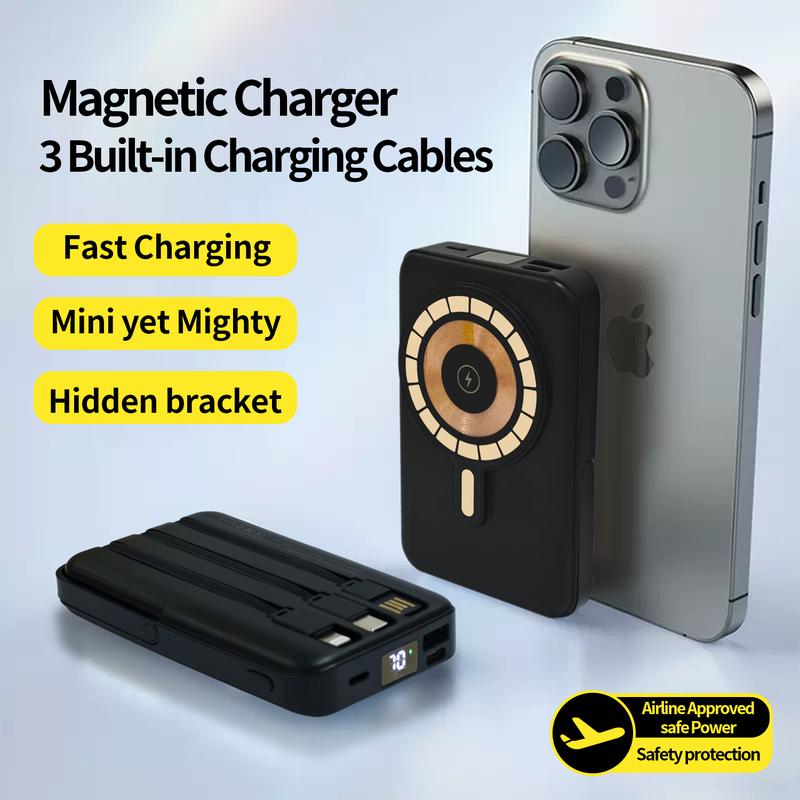 Magnetic  Wireless Portable Charger 10000mAh, with Built-in 3 Cables LED Display,Mag-Safe Battery Pack with Stand 22.5W PD Fast Charging for iPhone 15 14 13 12 Pro Mini Pro Max (Black) Android Devices