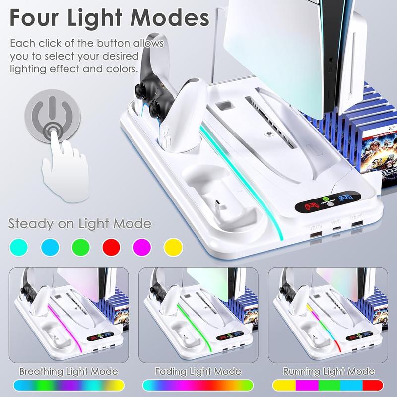 Ukor PS5 Cooling Station for PS5 PS5 Slim Disc Digital Console, PS5 Cooling Stand PS5 Slim Cooling Station with PS5 Controller Charger, 3 Level Fans, 12 Game Slots, RGB Lights