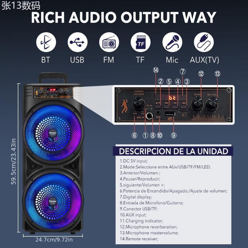 6000W Portable Speaker Party Bass Stereo Dual Speaker Subwoofer Dual 8-inch Portable RGB Large Aperture Karaoke Square Dance Bass Speaker with Microphone Remote Control Audio Rechargeable Audio Rechargeable