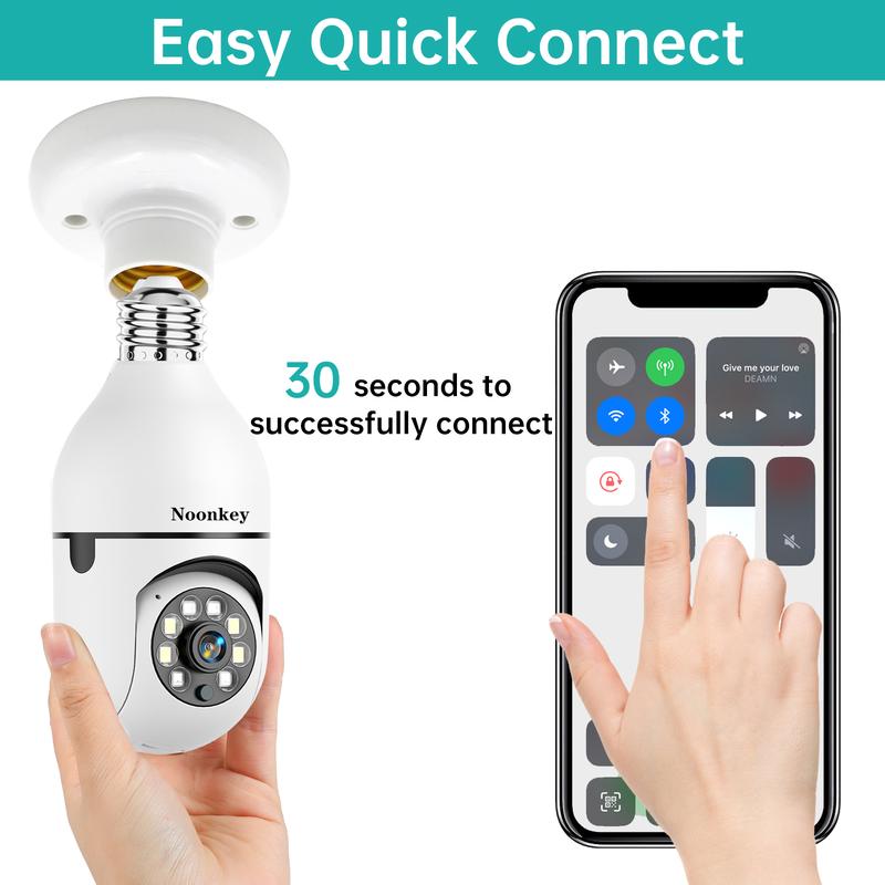  Noonkey Bulb Security Camera 2.4 5Ghz-3 Megapixel Indoor Outdoor Full Color Day Night Camera, Motion Detection, Sound & Light Alarm, Two-Way Audio, Home Yard Store Only Camera Wireless Socket Surveillance Camera Remote Phone